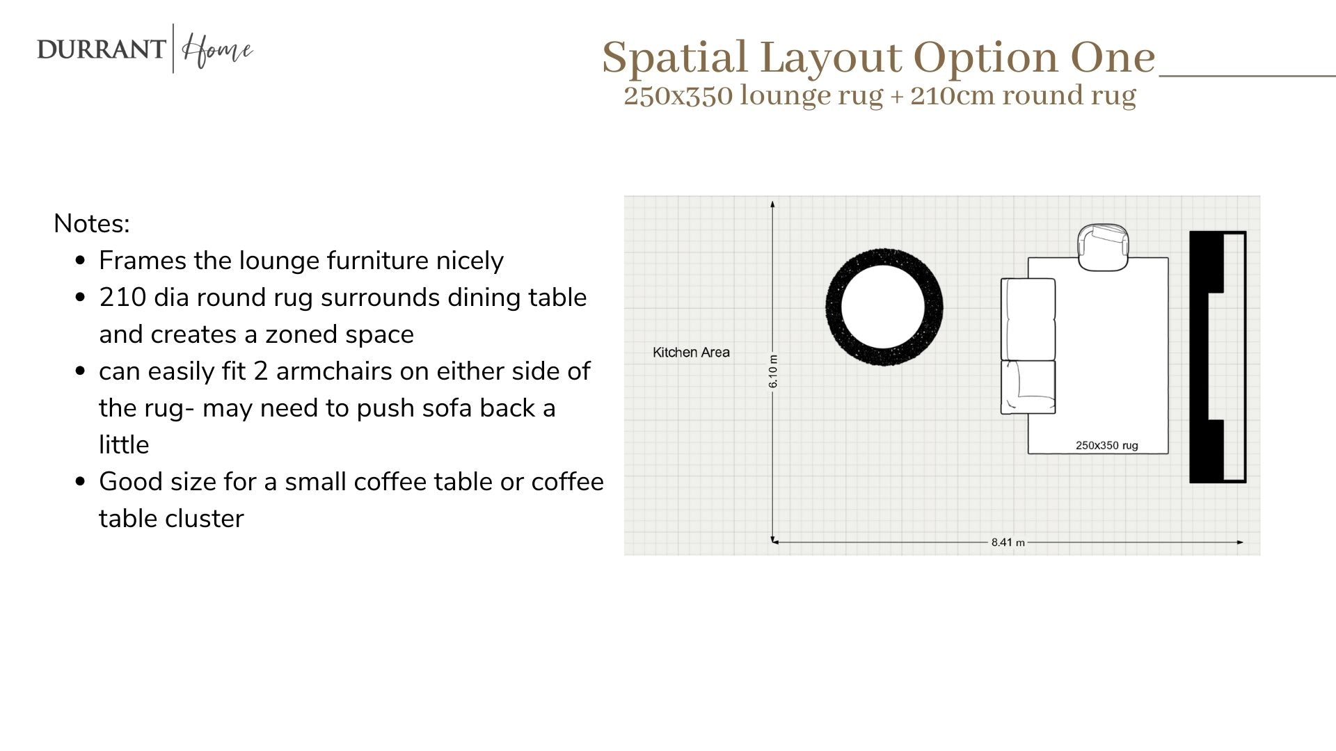 Spatial layout option with rug sizes and furniture arrangement notes on a white background